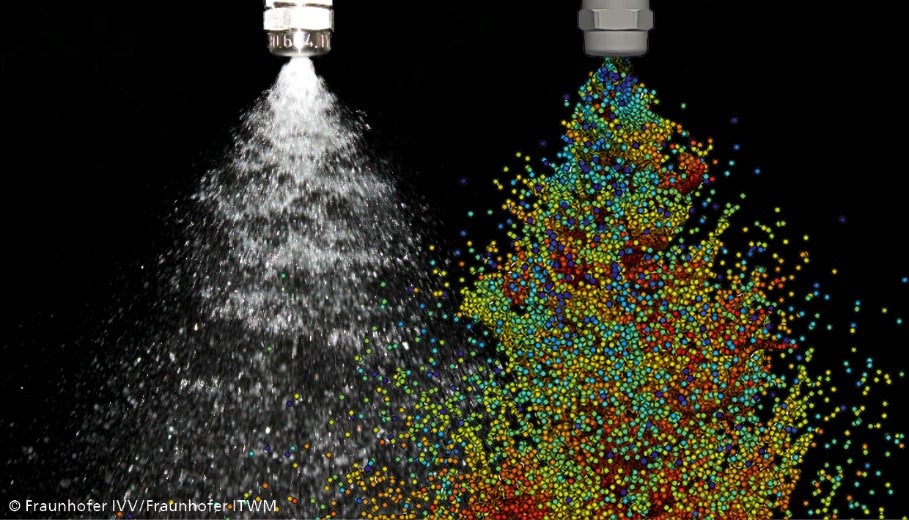 Anuga FoodTec: Prozesssimulation mit MESHFREE Eine sprühende Vollkegeldüse: links im Experiment, rechts in der Simulation.
